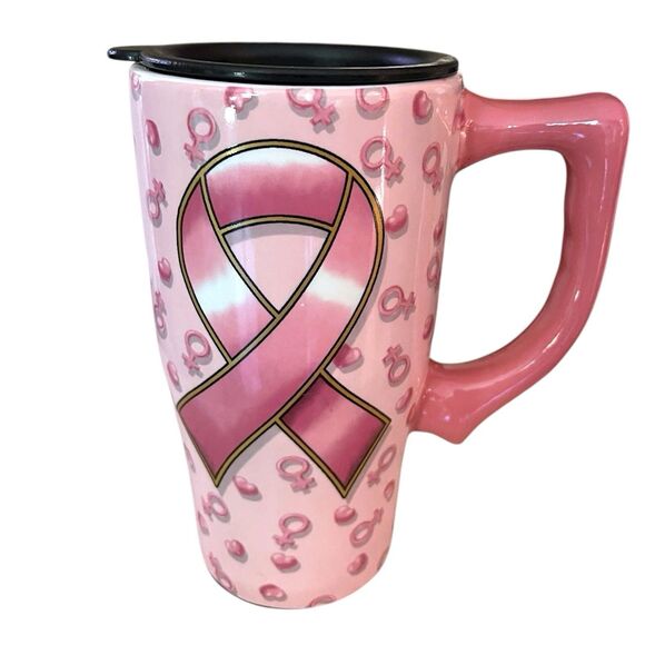 Spoontiques Pink Ribbon Find a Cure Ceramic Coffee Travel Mug with Plastic Lid - Picture 1 of 13